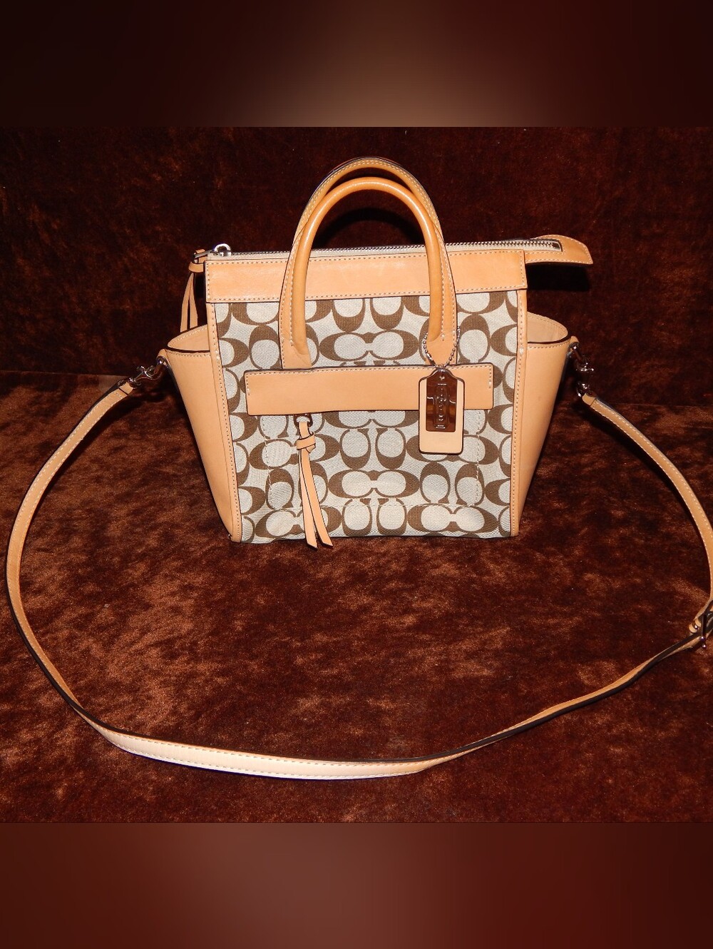 Coach Mini Satchel in Tan Leather with Beige Signature Canvas